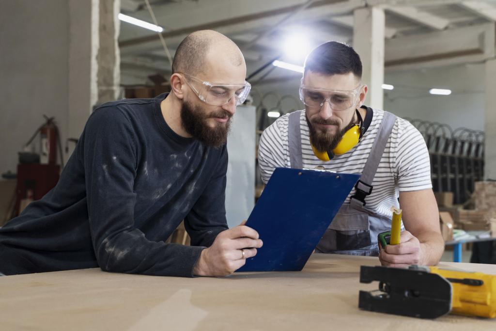 persoon geeft uitleg aan andere persoon en houd een clipboard vast